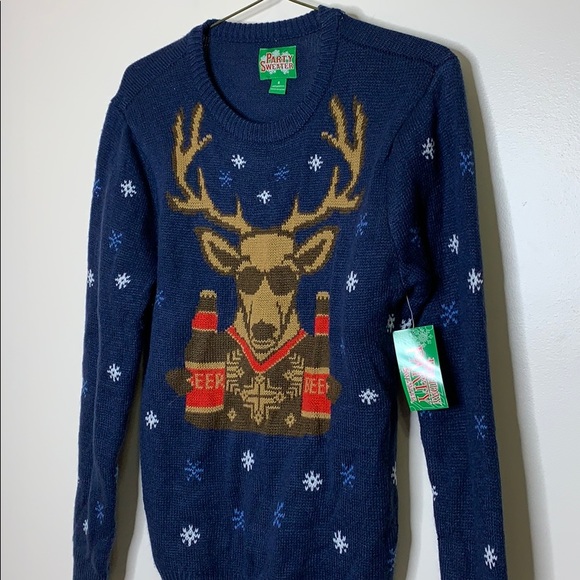 Kohl’s | Christmas Sweater Navy Blue Deer Two Beers Holiday Sweater Unisex NWT S - Picture 2 of 10